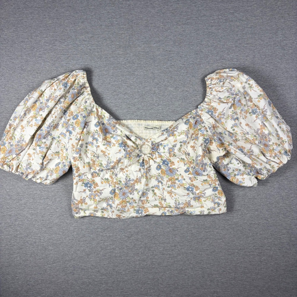 Abercrombie & Fitch Crop Top Womens XL White Floral Puff Sleeve Smocked Back